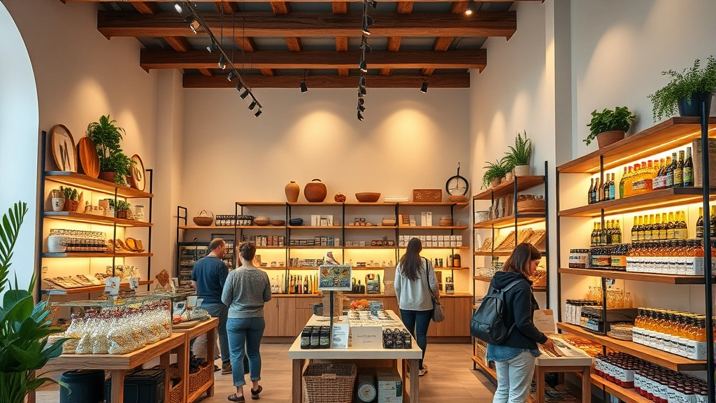 Modern retail store interior with Mediterranean aesthetic featuring local artisan products, warm lighting, and customers browsing specialty food and beverage items on wooden shelves