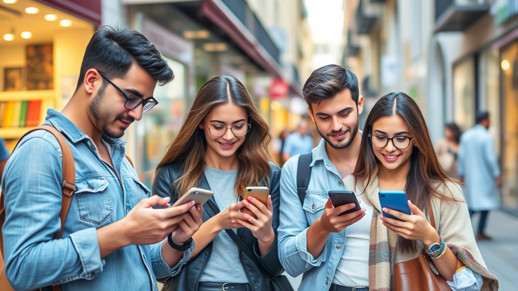 Diverse group of Mediterranean consumers in urban shopping district using smartphones for mobile payments and digital transactions, representing digital transformation and e-commerce growth