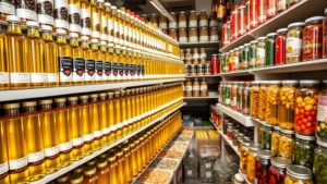 Vibrant overhead display of Mediterranean market shelves featuring rows of golden extra virgin olive oil bottles, colorful tins of olives and capers, dried herbs in bulk containers, and glass jars of preserved vegetables arranged by color, bright natural lighting highlighting product quality and organization