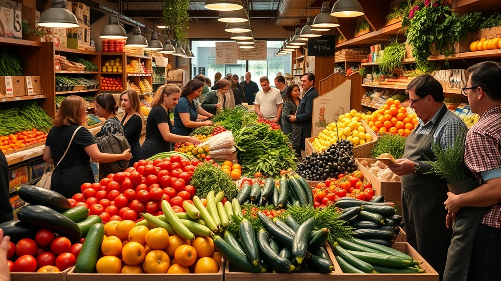 Bustling Mediterranean market interior showing customers selecting fresh produce including varieties of tomatoes, eggplants, zucchini, and fresh herbs, with wooden produce displays, staff in aprons assisting shoppers, warm ambient lighting creating welcoming atmosphere