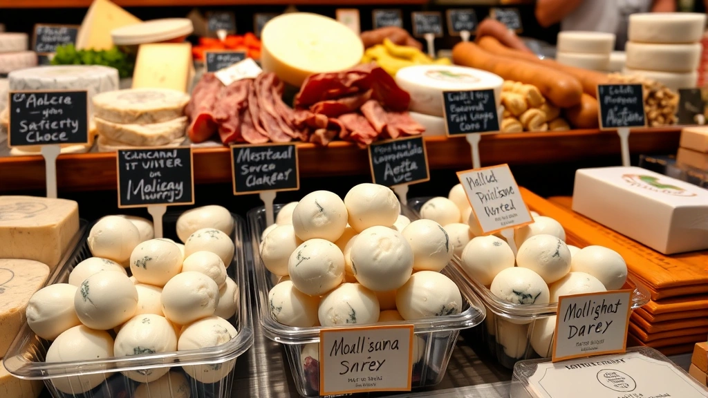 Close-up of Mediterranean market counter featuring imported cheeses, cured meats, fresh mozzarella balls in containers, and specialty dairy products with handwritten labels indicating origins, professional retail display emphasizing quality and authenticity