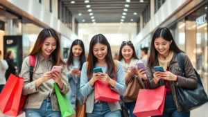 Diverse group of Asian consumers shopping on smartphones in modern urban mall environment, holding multiple shopping bags, smiling and engaged with mobile devices, bright natural lighting, contemporary retail setting