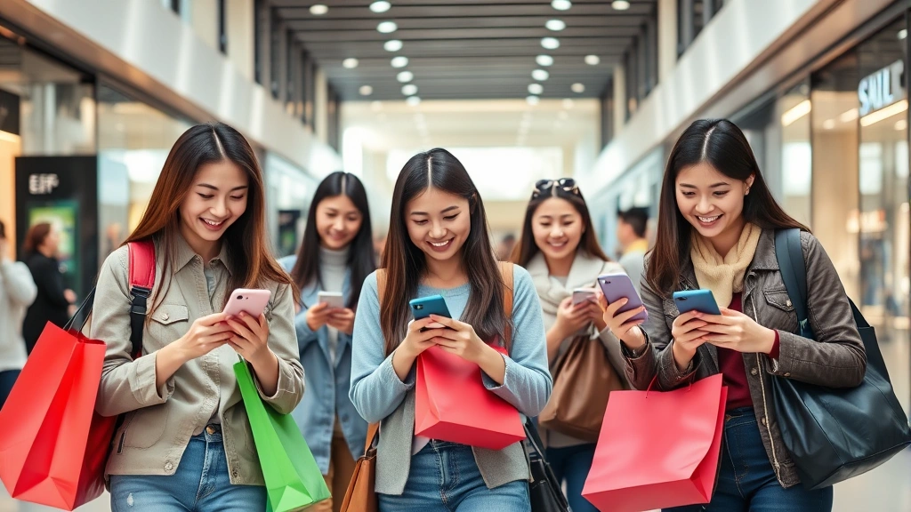 Diverse group of Asian consumers shopping on smartphones in modern urban mall environment, holding multiple shopping bags, smiling and engaged with mobile devices, bright natural lighting, contemporary retail setting