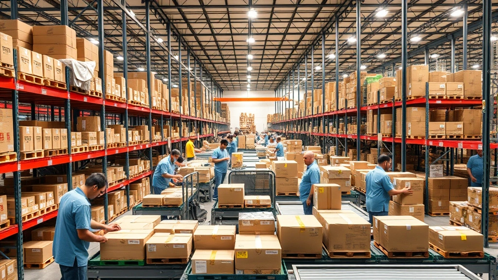 Busy fulfillment warehouse in Southeast Asia with workers processing packages, organized shelving systems, conveyor sorting stations, modern logistics facility with Asian workforce efficiently managing inventory