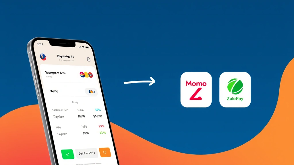 Digital payment transaction visualization showing mobile wallet app interface with Southeast Asian currencies, payment confirmation screen, digital wallet icons representing Momo and ZaloPay, modern fintech aesthetic