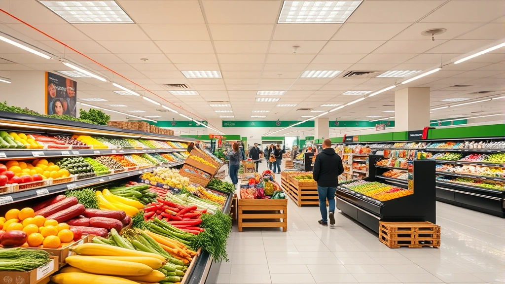 Professional grocery store interior with bright LED lighting, organized produce displays with fresh vegetables and fruits, clean white tile flooring, and customers shopping in the background