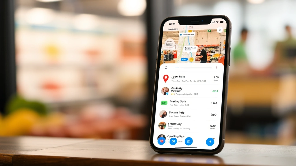 Modern mobile phone displaying grocery store app with map interface showing store locations, customer ratings, and operating hours on the screen