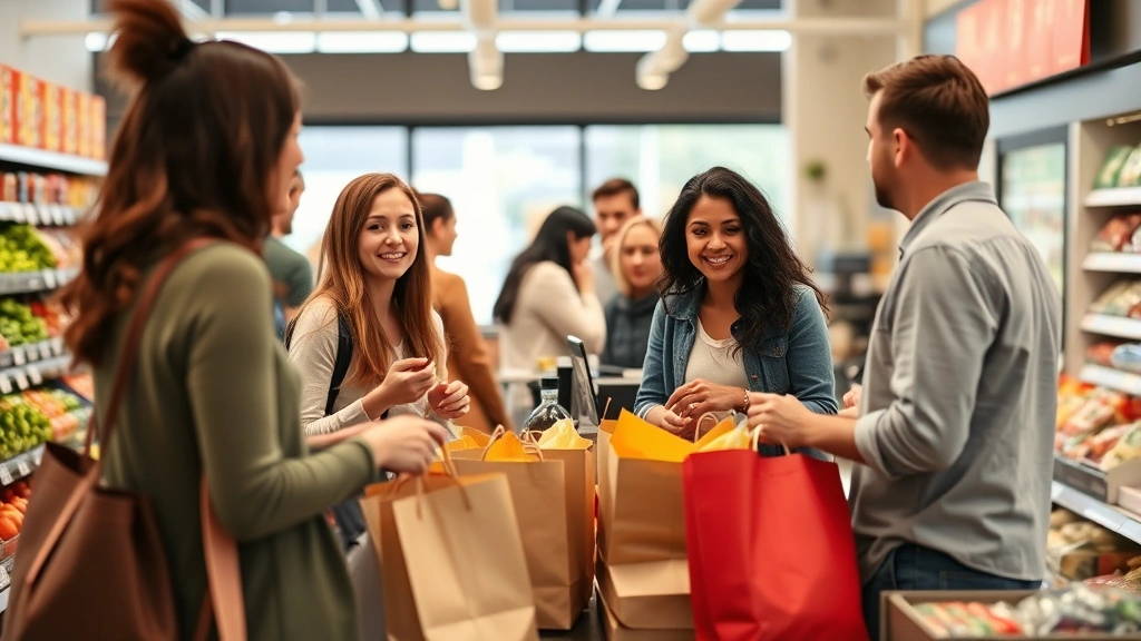 Diverse group of shoppers at grocery store checkout counter with paper and reusable bags, cashier processing transaction, natural daylight from store windows