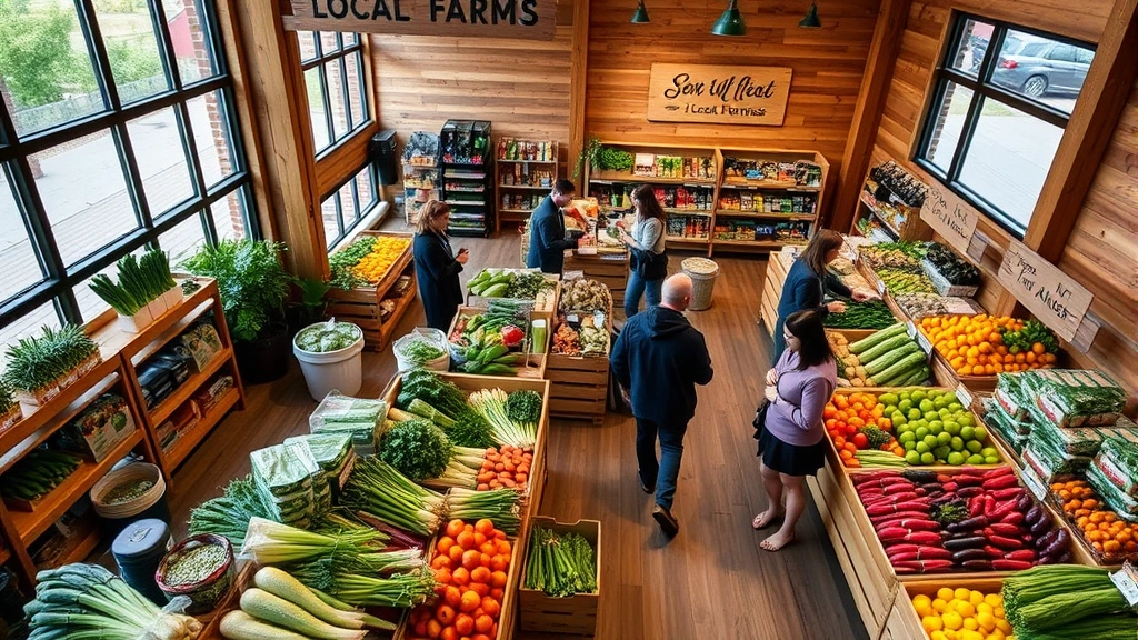 Overhead view of a modern independent grocery store with wooden produce displays, customers browsing fresh local vegetables and fruits, warm natural lighting from large windows, wooden signage identifying local farms, professional retail photography