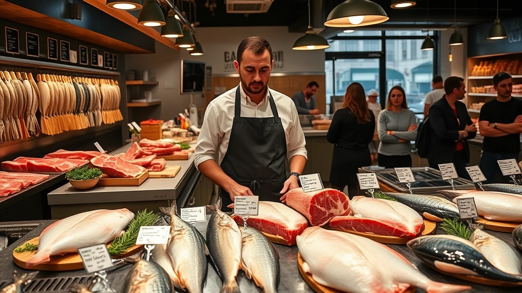 Professional butcher or fishmonger in apron at meat counter displaying premium cuts and whole fish, labeled with farm/source information cards, customers observing, clean modern retail environment with stainless steel surfaces and warm lighting