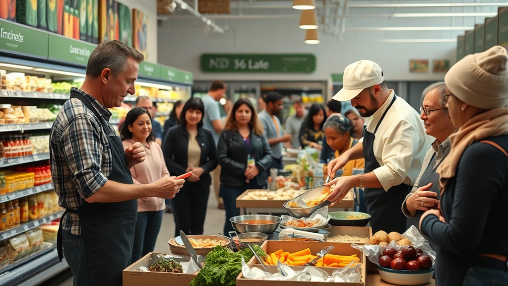 Community cooking demonstration or educational event in grocery store with chef preparing food from store products, engaged audience watching, local products displayed, warm professional retail photography capturing authentic interaction and learning