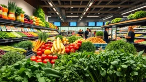 Upscale grocery store produce section with vibrant organic vegetables, fresh herbs, and customers shopping, natural lighting highlighting product quality and freshness