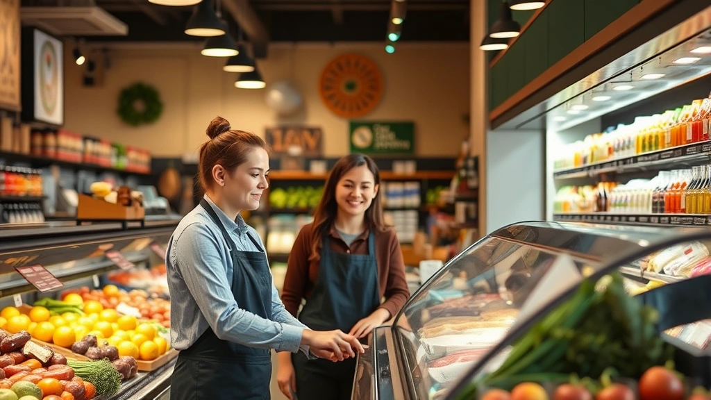Independent grocery store interior showing friendly staff member assisting customer at deli counter, warm lighting, emphasizing personal service and expertise