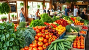 Vibrant farmers market display with fresh organic produce including heirloom tomatoes, leafy greens, and colorful vegetables arranged on wooden tables, natural sunlight streaming through windows, diverse shoppers browsing and selecting items, warm community atmosphere