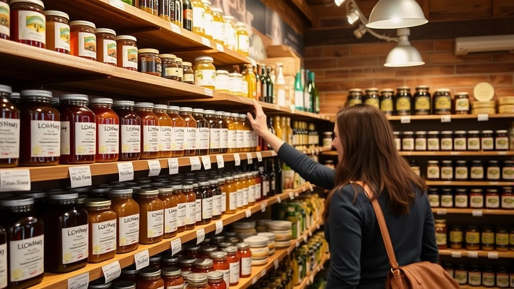 Artisan food products on wooden shelves including local honey jars, craft beverages, specialty cheeses, and handmade preserves with rustic labels, professional retail lighting, organized product arrangement, customer reaching to examine items with interest