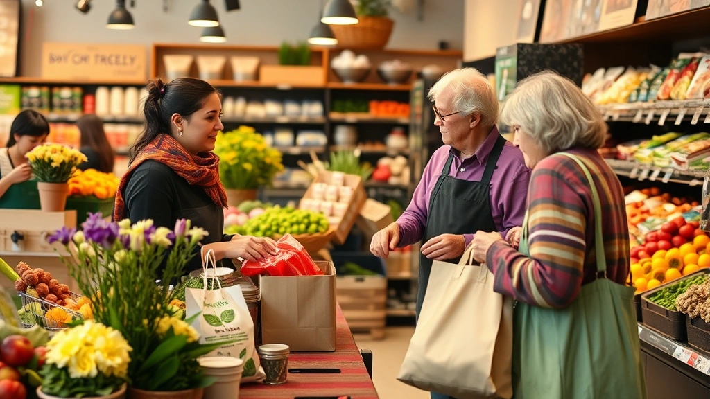 Community grocery shopping scene with customers at checkout counter, staff member helping elderly customer, reusable shopping bags visible, fresh flowers and local producer goods in background, warm lighting emphasizing welcoming retail environment and customer service focus