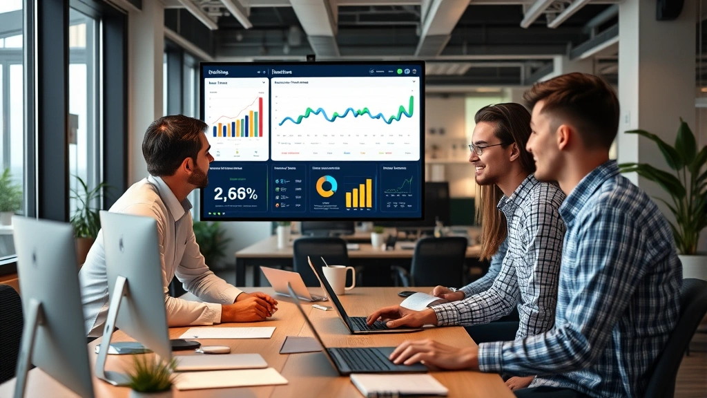 Professional marketing team collaborating around digital dashboard displaying analytics charts and customer data metrics in modern office environment