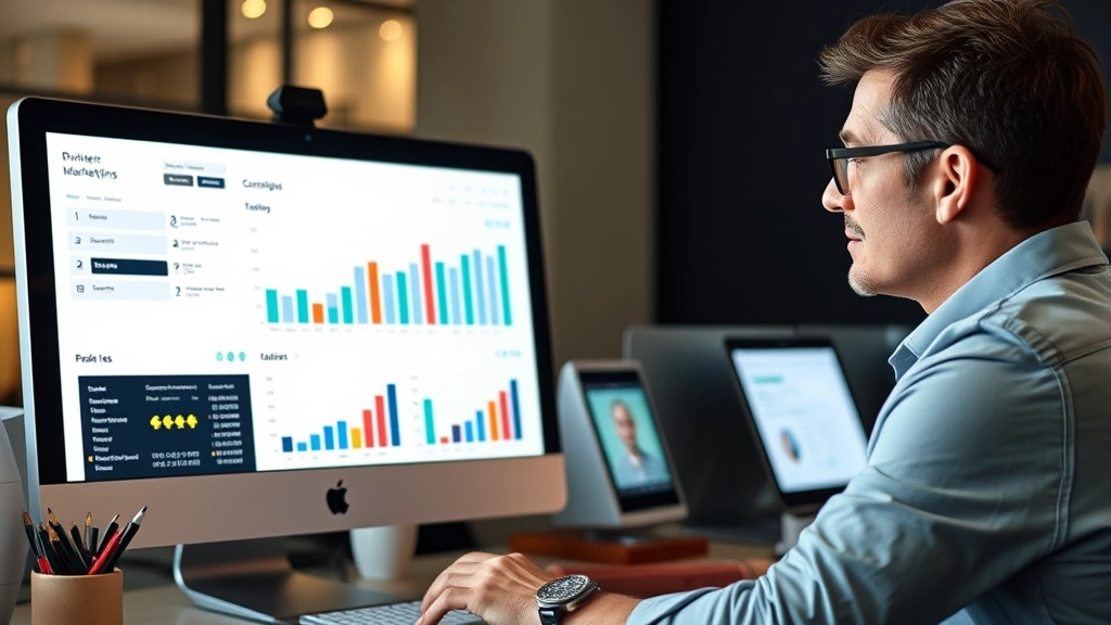 Marketing professional analyzing multi-channel campaign performance on computer screen with email, social media, web, and mobile touchpoints visible