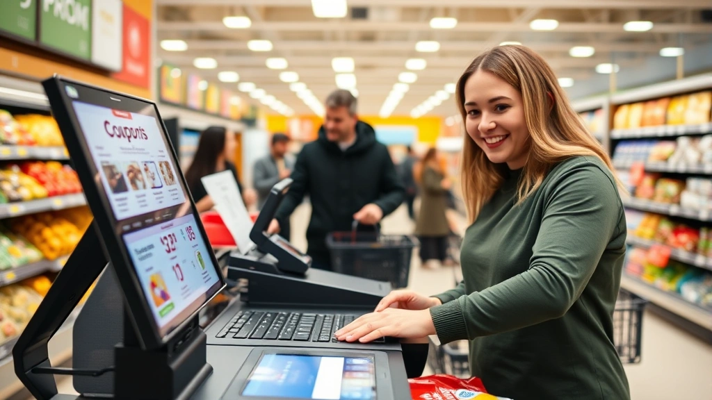 Close-up of a checkout counter with a smiling cashier scanning items, digital coupon promotions visible on a bright screen, customers in background with full shopping baskets in a busy grocery store