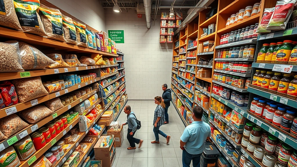 Wide overhead view of a grocery store aisle displaying bulk dried goods, colorful canned products, and specialty ingredients neatly organized on wooden shelves, shoppers selecting items with focused attention