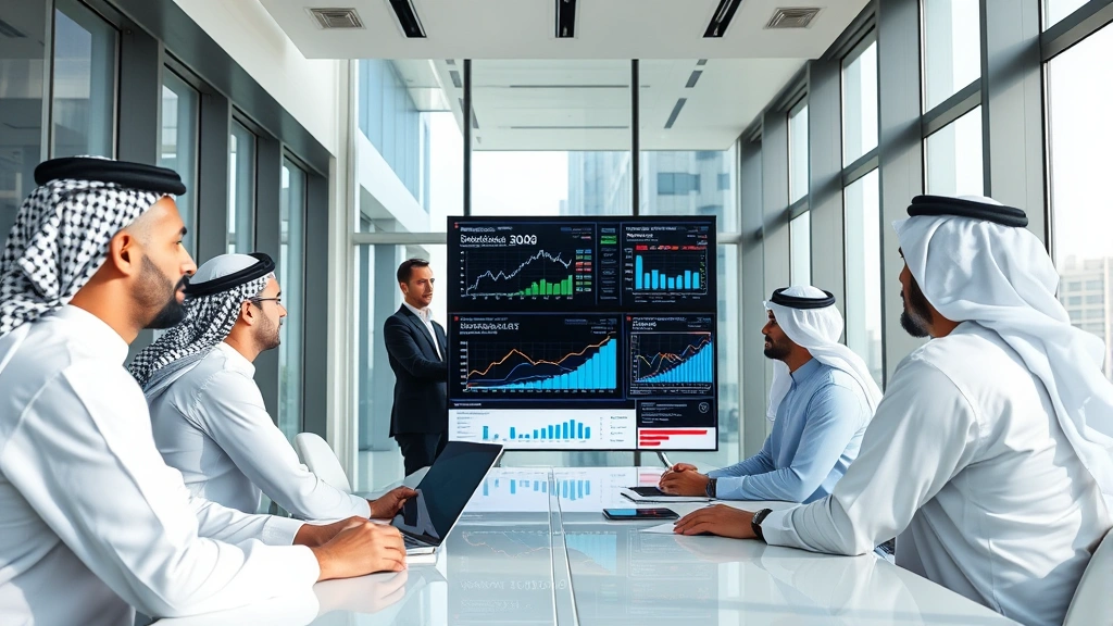 Professional business meeting in modern Dubai office building with Middle Eastern executives reviewing market analysis charts on large digital displays, natural daylight from floor-to-ceiling windows, contemporary minimalist design