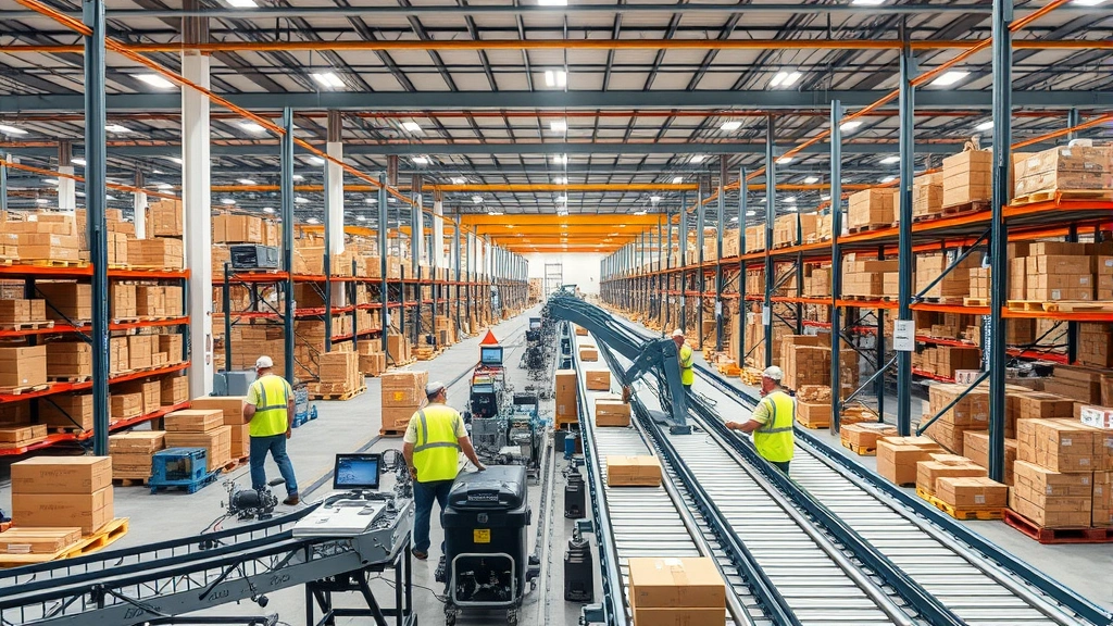 Modern e-commerce warehouse in Saudi Arabia with automated sorting systems, workers in safety gear managing inventory, conveyor belts, and organized logistics operations, professional commercial photography