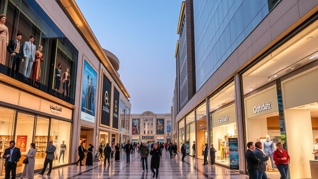 Upscale shopping district in Abu Dhabi with luxury storefronts, well-dressed customers browsing displays, modern architecture with glass facades, evening ambient lighting, bustling commercial atmosphere