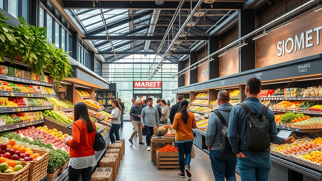 Modern retail market interior with diverse customers shopping, natural lighting, fresh produce displays, warm welcoming atmosphere, professional photography