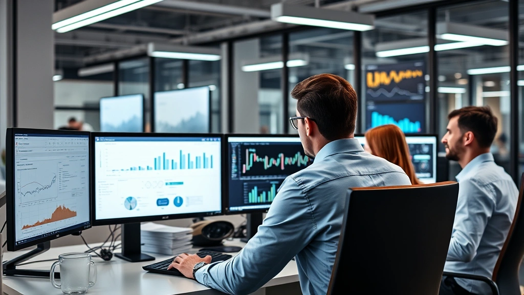 Business team analyzing data on multiple computer screens in modern office, charts and analytics visible, collaborative workspace, professional environment