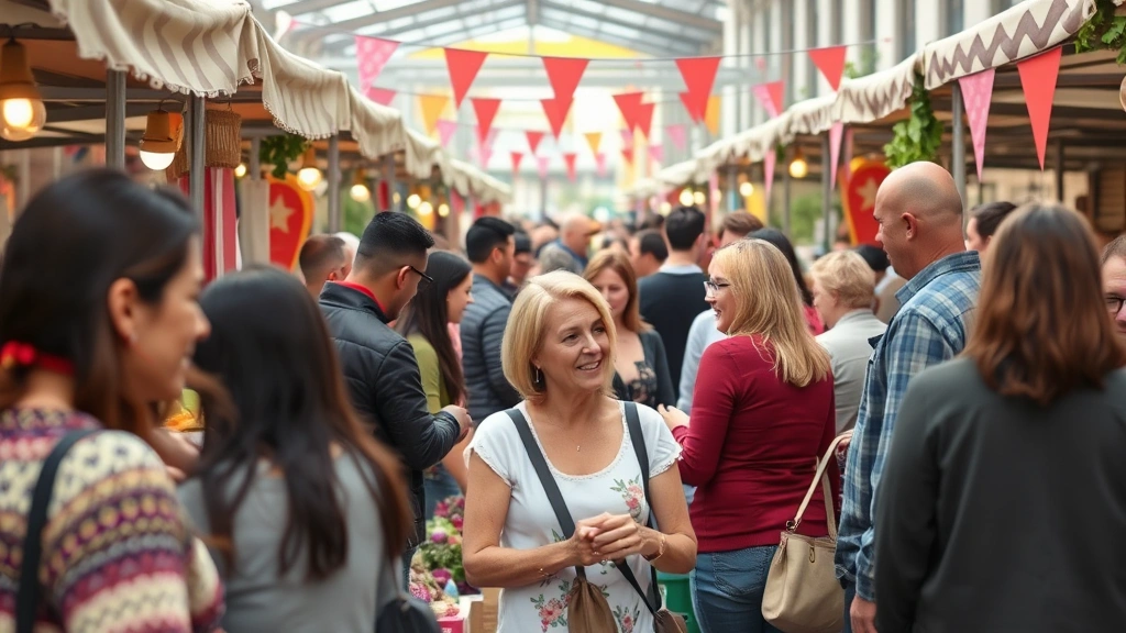 Community event at market with customers gathering, local vendors, festive atmosphere, people engaging together, authentic retail experience, professional retail photography