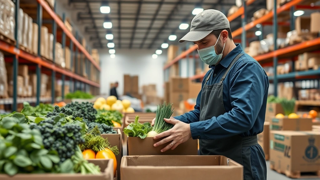 Professional warehouse worker carefully sorting fresh organic produce by hand into boxes for shipment, modern fulfillment center with proper lighting and temperature control, sustainable packaging materials visible