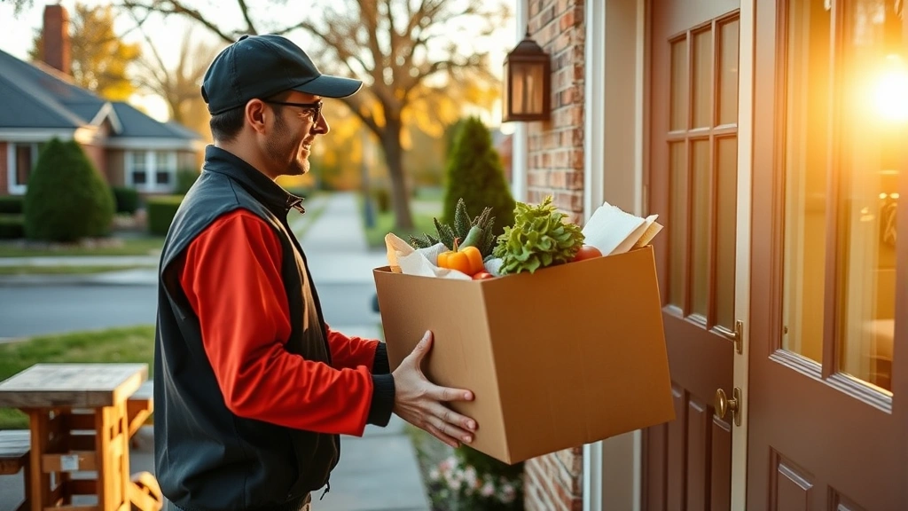 Delivery driver carefully placing a cardboard box containing fresh groceries at customer doorstep, residential neighborhood setting, professional uniform, early morning light suggesting reliable delivery timing