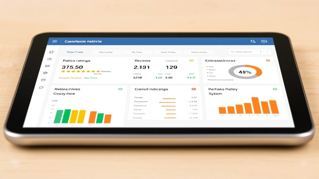 Customer satisfaction metrics dashboard displayed on tablet screen showing ratings, reviews, and performance indicators for grocery delivery service, data visualization with charts and statistics