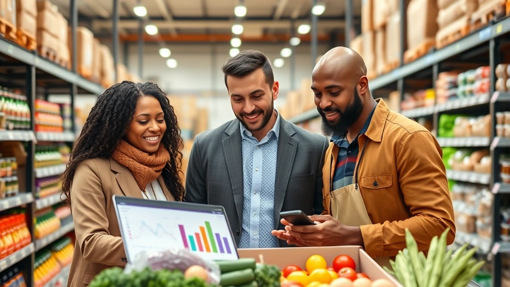 Professional diverse retail team analyzing market data on digital dashboard in modern grocery store distribution center, focused expressions reviewing supply chain metrics and inventory analytics