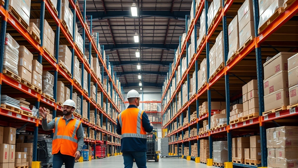 Warehouse workers managing inventory with automated systems and IoT tracking technology, organized shelving systems with digital monitoring equipment in distribution center setting
