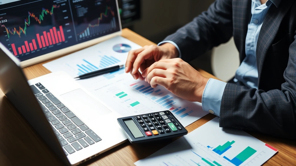Professional businessman using laptop and financial calculator surrounded by charts and graphs showing investment data and money market trends on desk with notebook