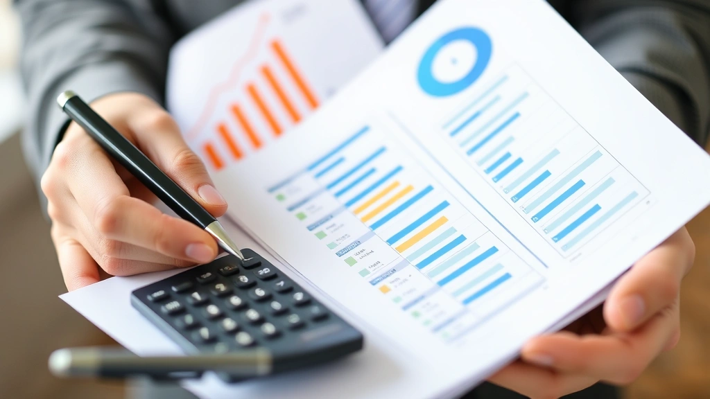 Close-up of hands holding documents with growth charts and financial reports, calculator and pen visible, representing money market analysis and return calculations