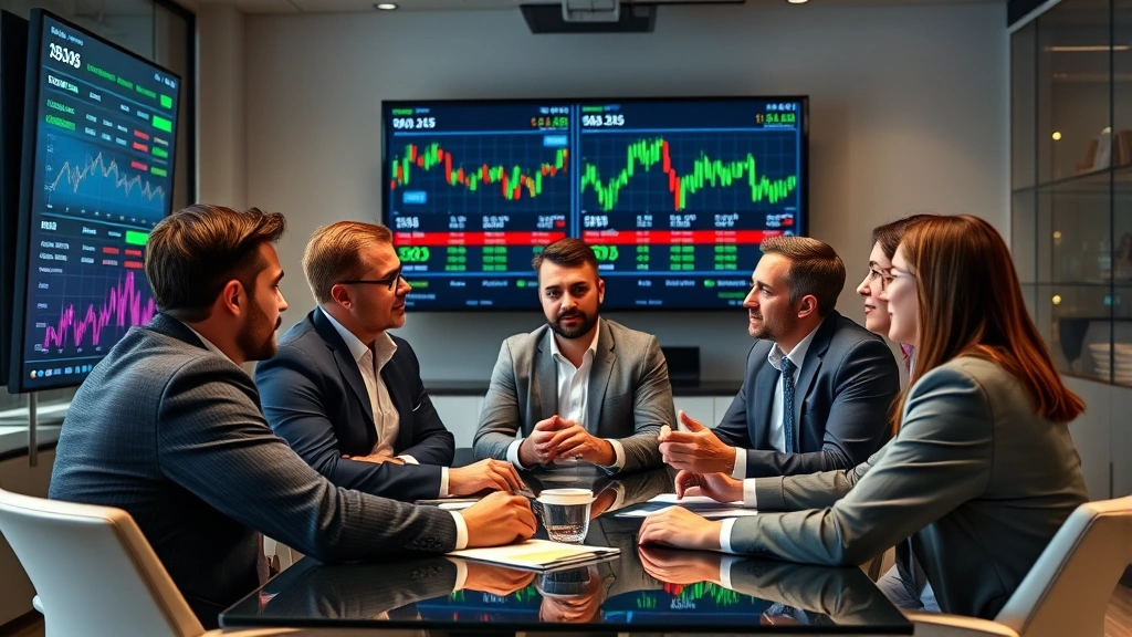 Diverse group of investors in modern office reviewing portfolio returns on large display screens with money market data, discussing investment strategy and returns