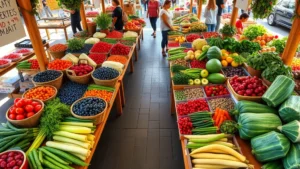 Overhead view of vibrant farmers market stall with diverse fresh vegetables, berries, and colorful produce arranged on wooden tables, customers browsing in background, natural morning light, busy commercial atmosphere