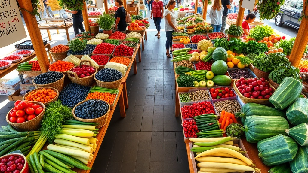 Overhead view of vibrant farmers market stall with diverse fresh vegetables, berries, and colorful produce arranged on wooden tables, customers browsing in background, natural morning light, busy commercial atmosphere