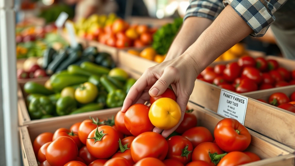 Close-up of vendor's hands handling fresh tomatoes and peppers at farmers market booth, wooden crate displays, organic produce quality focus, authentic local agriculture commerce