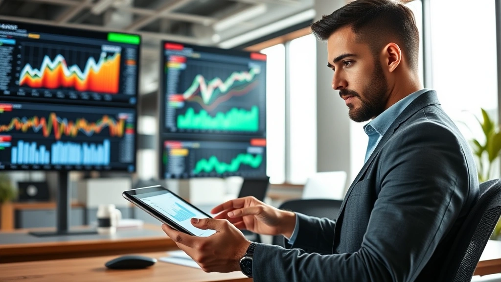 Professional businessman analyzing market data on tablet in modern office, surrounded by growth charts and analytics displays, focused expression, natural daylight