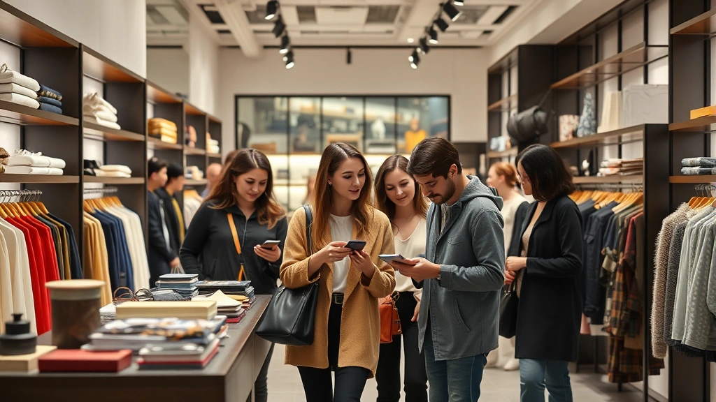 Diverse group of shoppers browsing upscale boutique retail store, examining products with interest, modern minimalist interior design, contemporary retail environment