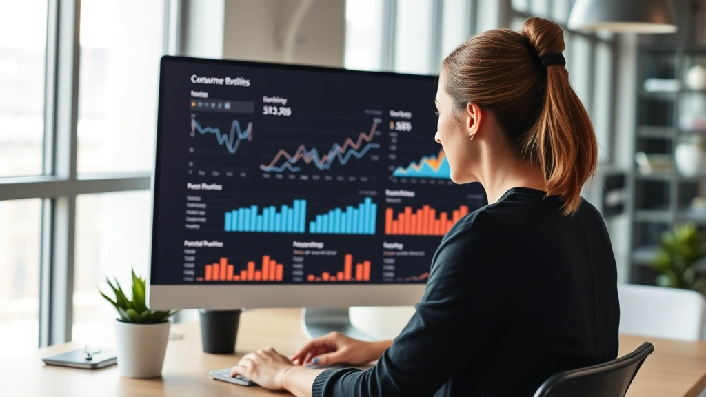 Young professional woman reviewing digital analytics dashboard on computer screen showing consumer behavior metrics, business intelligence data visualization, modern workspace