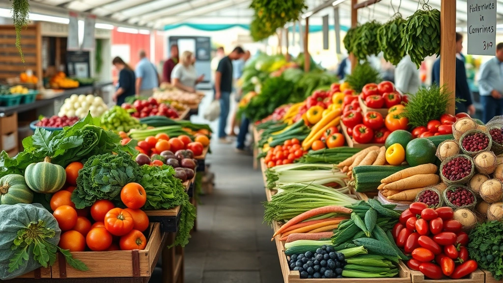 Professional overhead shot of vibrant farmers market stall displaying colorful fresh produce including heirloom tomatoes, leafy greens, root vegetables, and berries arranged artfully on wooden displays, customers browsing in soft natural light with blurred market background