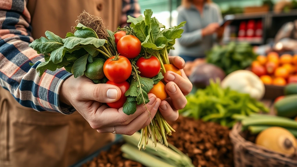 Close-up lifestyle image of farmer's hands holding freshly harvested vegetables and produce, showing soil and authenticity, customer examining items in background, earthy tones emphasizing local agricultural connection and food transparency
