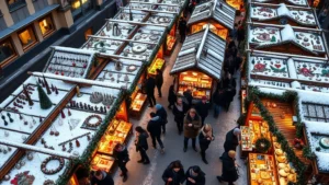 Overhead view of a bustling Munich Christmas market with wooden vendor booths displaying handcrafted ornaments, decorations, and merchandise arranged artfully, shoppers in winter clothing browsing, warm lighting from booth displays creating festive atmosphere, snow-dusted ground, multiple vendor stalls visible with various product categories, authentic Bavarian market setting