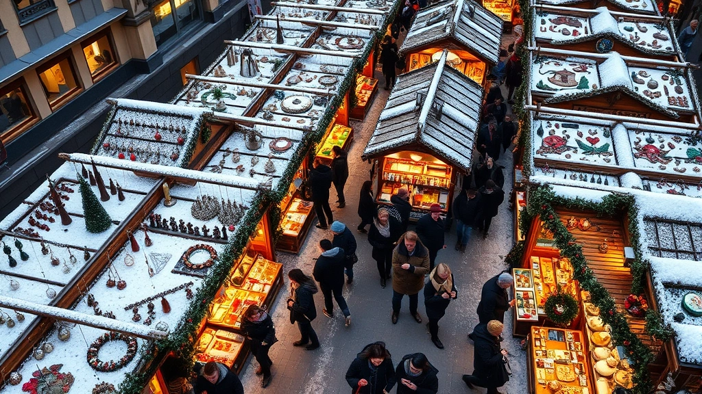 Overhead view of a bustling Munich Christmas market with wooden vendor booths displaying handcrafted ornaments, decorations, and merchandise arranged artfully, shoppers in winter clothing browsing, warm lighting from booth displays creating festive atmosphere, snow-dusted ground, multiple vendor stalls visible with various product categories, authentic Bavarian market setting