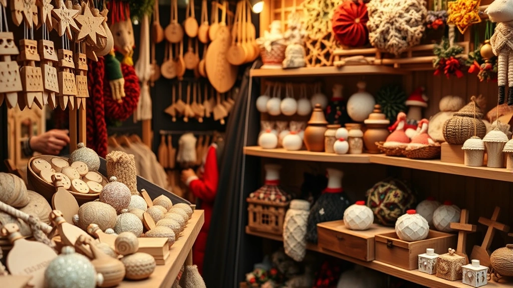 Close-up of artisanal products at a Christmas market vendor booth featuring handmade wooden ornaments, knitted items, traditional crafts, and decorative goods displayed on shelves, vendor hands arranging merchandise, warm booth lighting highlighting product details and textures, authentic handcrafted quality visible, professional retail presentation
