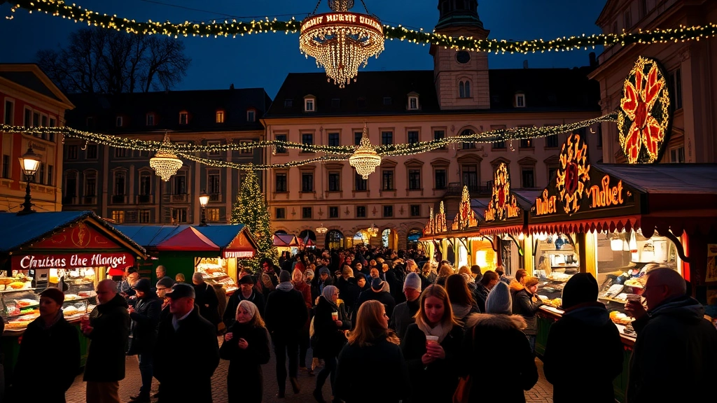 Festive evening scene of a Munich Christmas market plaza with illuminated vendor booths creating warm light circles, crowds of shoppers in winter attire, traditional architecture visible in background, holiday decorations and string lights overhead, Glühwein cups in visitors' hands, authentic seasonal commerce atmosphere with multiple vendor locations visible